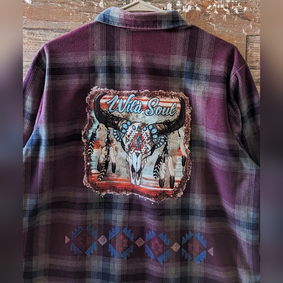 Upcycled Wild Soul W Painted Aztec Plaid Fleece like Shacket - Picture 2 of 14